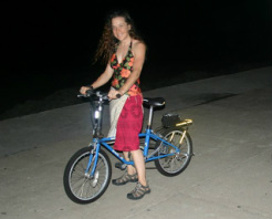 Picture of Natural Living's Lisa Piper and Dahon Mariner folding bike for touring and commuting