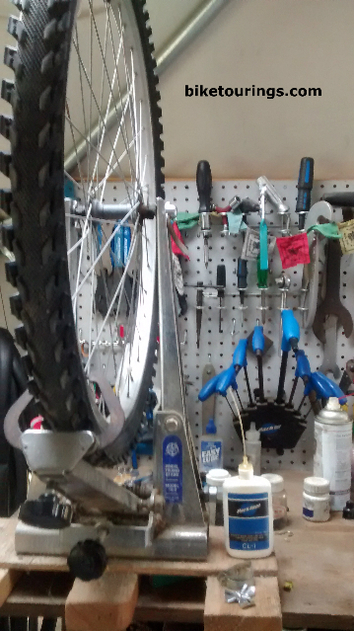 Picture of a bike repair work bench with Park Tool Co. Bicycle Tools