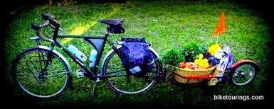 Picture of touring bike with bike trailer full of organic produce and food