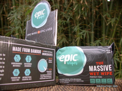 Picture of epic wet wipe towels for bicycle touring, bike packing and camping.