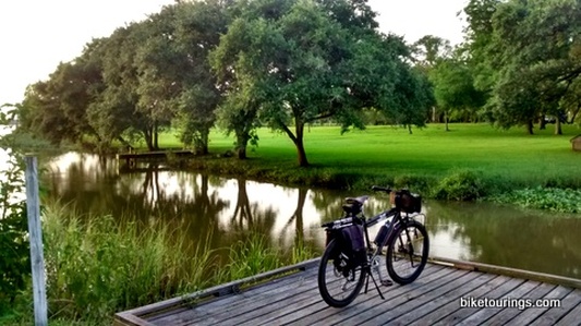 Picture of black bike and green trees 