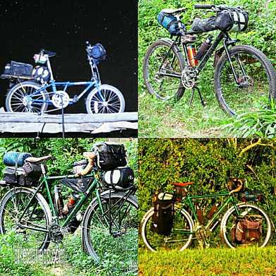 Picture of folding bike for bicycle touring, mountain bike for bikepacking and traditional touring bike packing options with or without racks and panniers